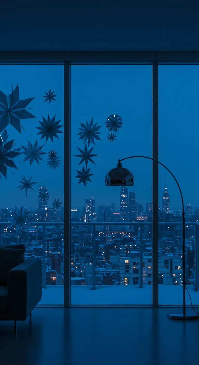 Copos de nieve de papel azul oscuro en una ventana con vistas a un paisaje urbano nocturno.
