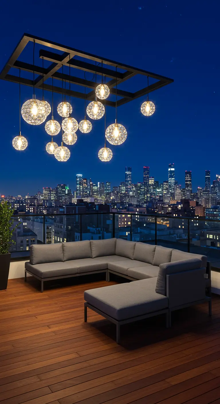 Azotea con vistas a la ciudad, sofá seccional y una gran instalación de lámparas de cristal esféricas.