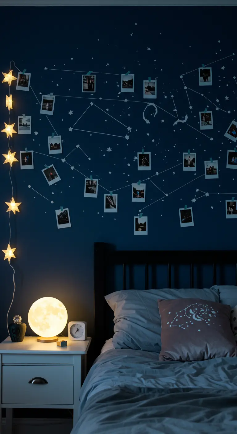 Pared de dormitorio azul oscuro decorada con fotos polaroid que forman constelaciones con luces de estrellas.