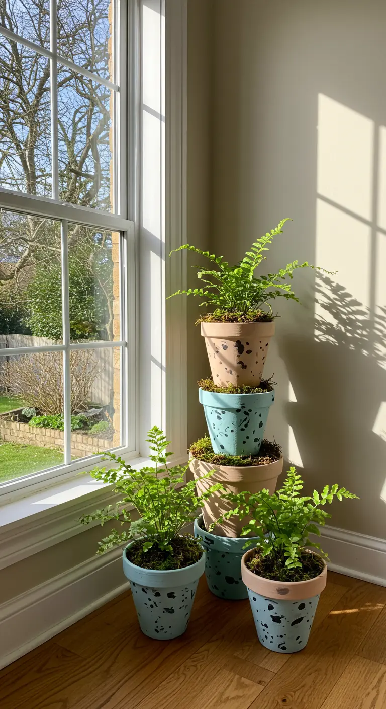 Grupo de macetas de colores con un patrón de salpicaduras de pintura negra.