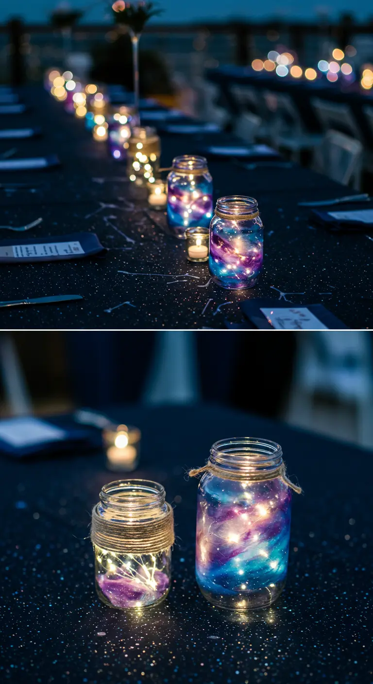Tarros de cristal pintados como galaxias con luces de hadas en su interior.