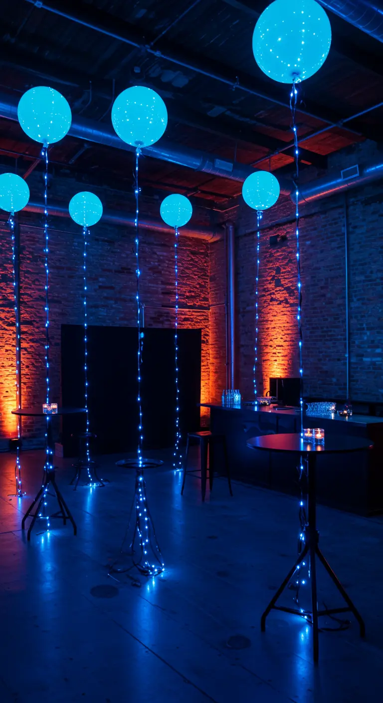 Sala oscura de estilo industrial con globos LED azules en soportes altos y delgados.
