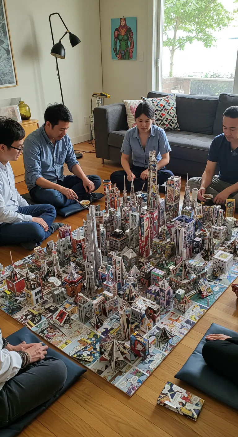 Grupo de personas sentadas en el suelo construyendo una gran ciudad con cajas y cómics.