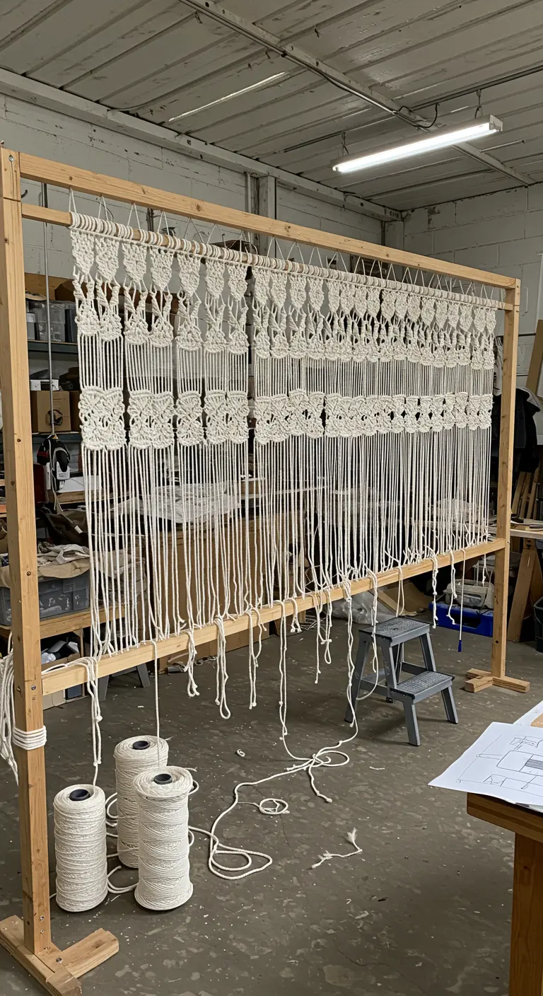 Gran tapiz de macramé en proceso de creación sobre un telar de madera de gran tamaño en un taller.
