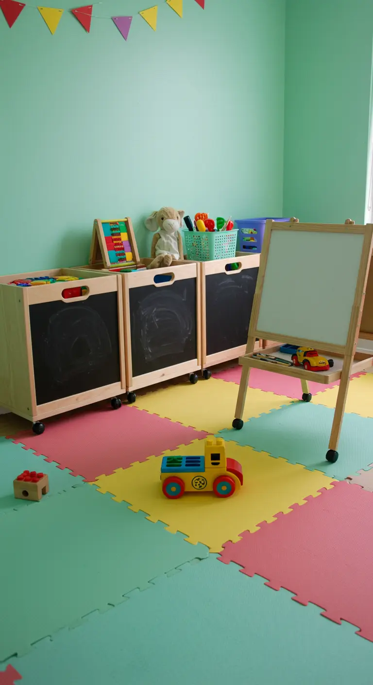 Cubos de almacenamiento de juguetes con ruedas y pizarra en una sala de juegos colorida.
