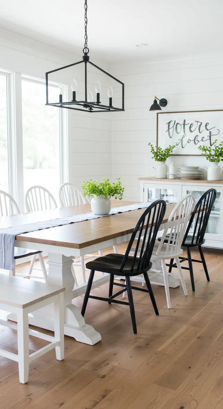 Comedor de estilo farmhouse con sillas Windsor blancas y negras y una bancada blanca.