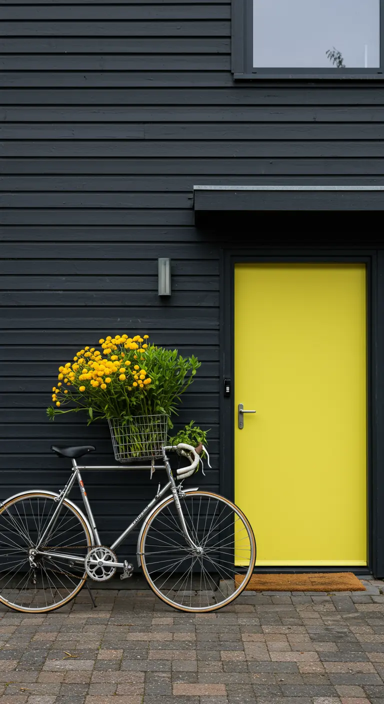 Bicicleta de carreras plateada con flores amarillas frente a una pared gris oscuro y puerta amarilla