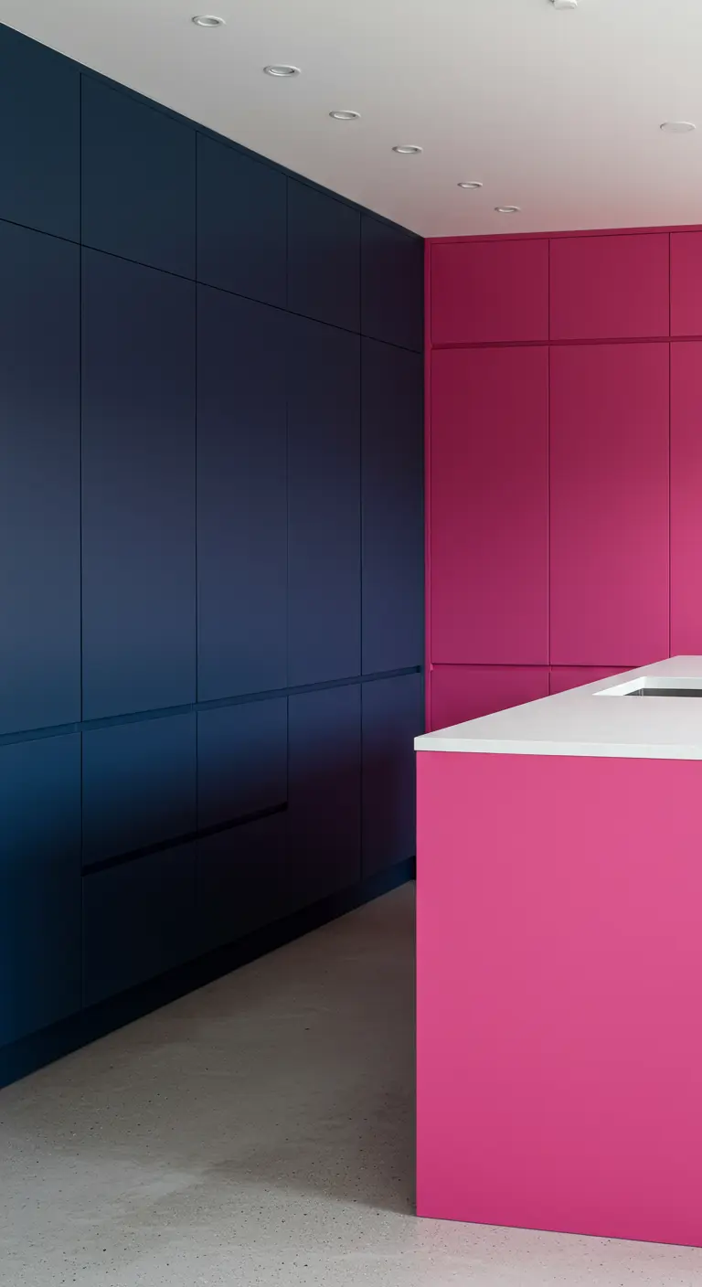 Cocina minimalista con una pared de gabinetes en azul oscuro y una isla en fucsia.