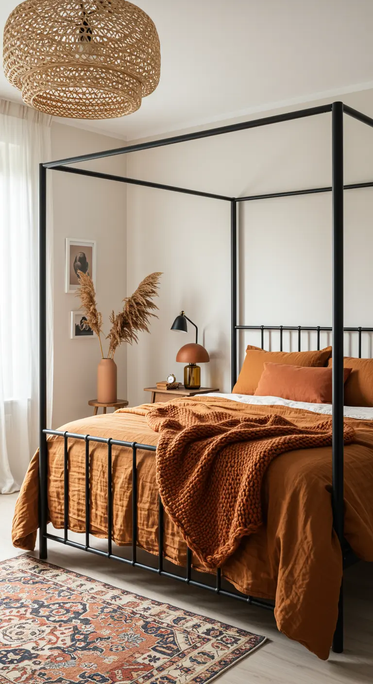 Cama con dosel de metal negro y ropa de cama en tonos terracota y naranja quemado