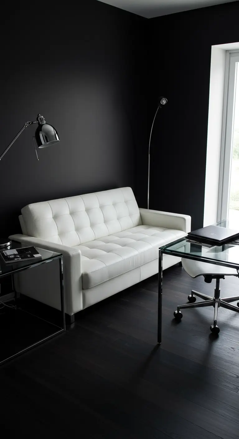 Sofá cama de cuero blanco en una oficina moderna con paredes y suelo de color negro.