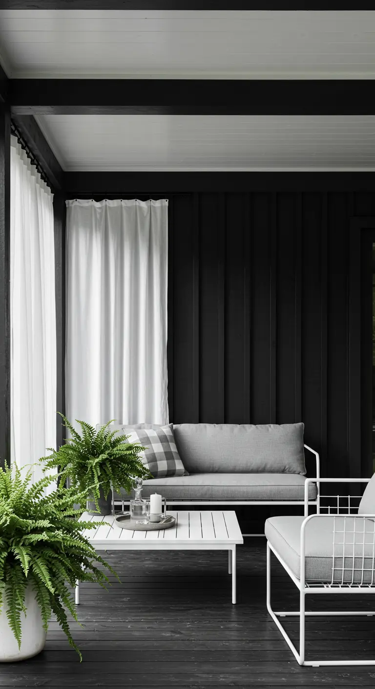 Porche moderno con pared negra, muebles blancos, cortinas blancas y grandes helechos en macetas.