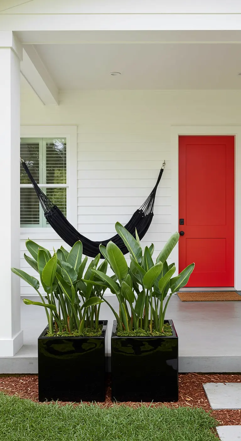Porche moderno con puerta roja, hamaca negra y maceteros negros con plantas de hojas grandes.