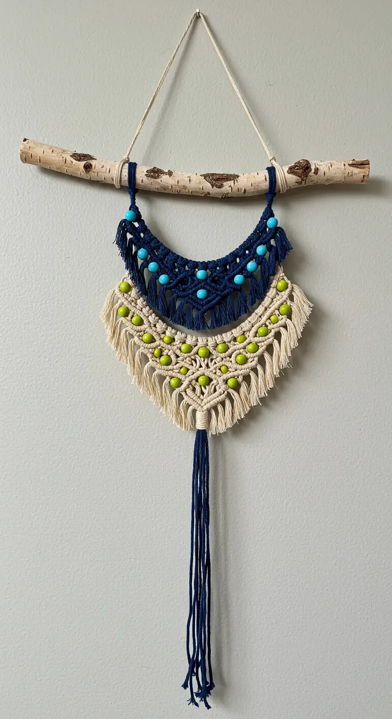 Tapiz de macramé en azul marino y crudo con cuentas verde lima y azules.