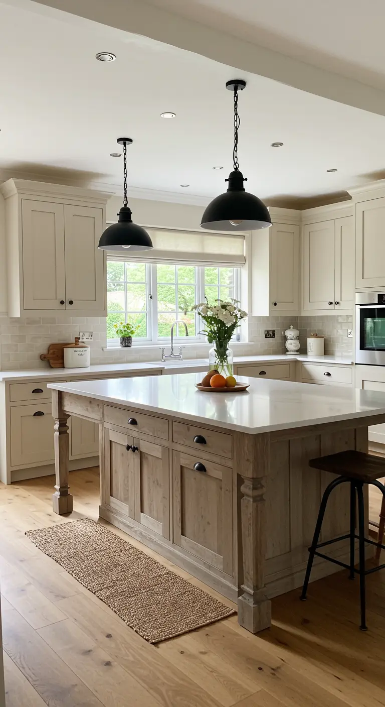 Cocina beige estilo farmhouse con isla de madera rústica y lámparas negras.
