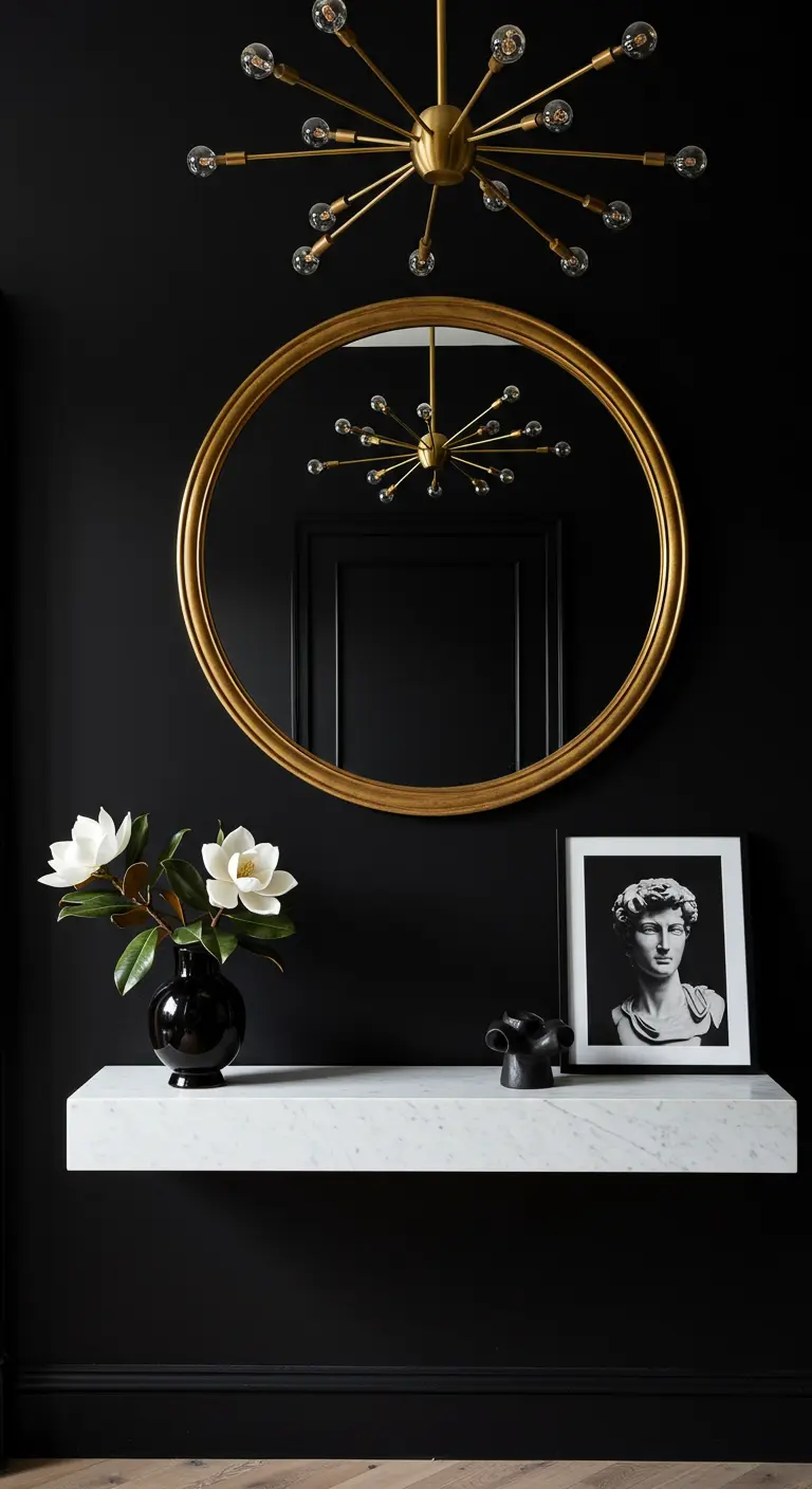 Recibidor moderno y oscuro con lámpara Sputnik, espejo redondo dorado y balda de mármol.