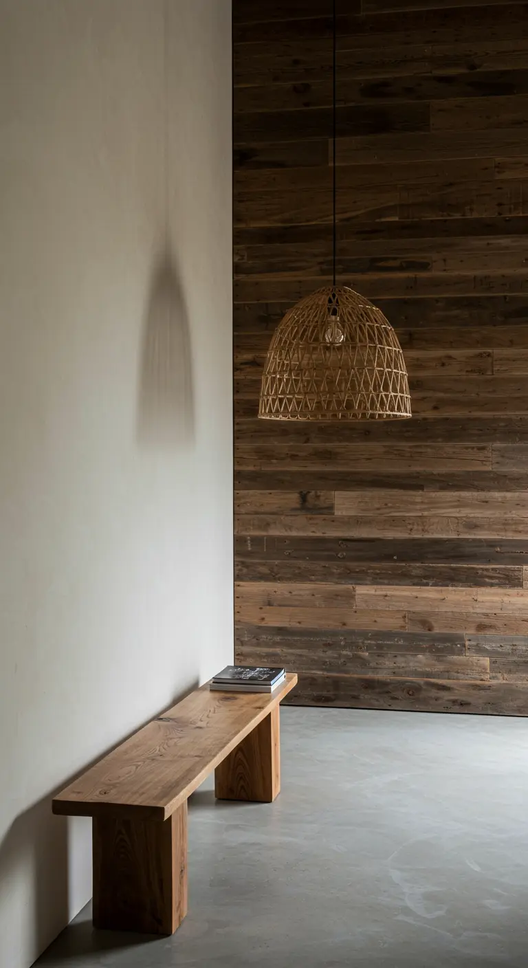 Entrada minimalista con una pared de acento de madera recuperada y una lámpara de mimbre