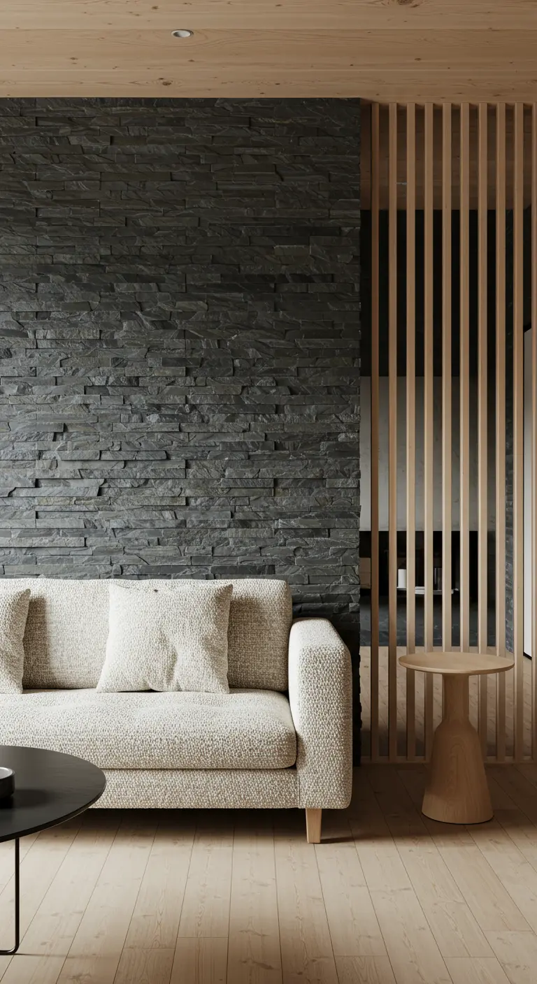 Sala con pared de piedra oscura, separador de listones de madera y sofá de bouclé crema.