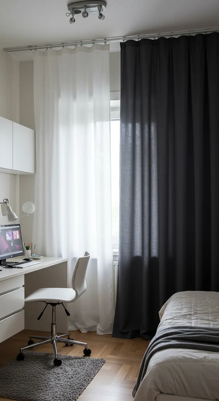 Cortina blanca transparente y cortina negra opaca en un riel doble separando un dormitorio.