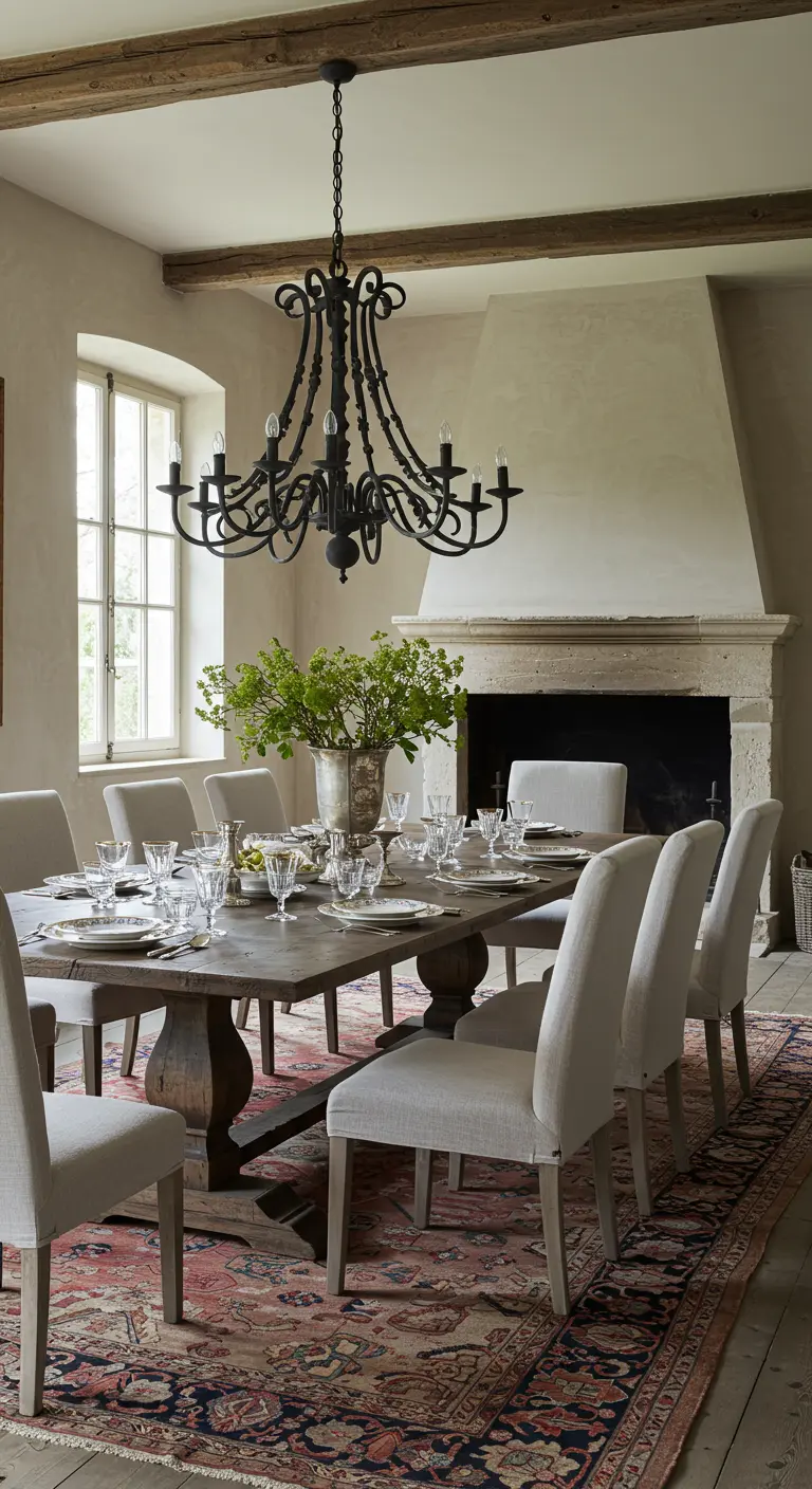 Comedor elegante con mesa de madera rústica, sillas de lino y una gran lámpara de hierro negro.