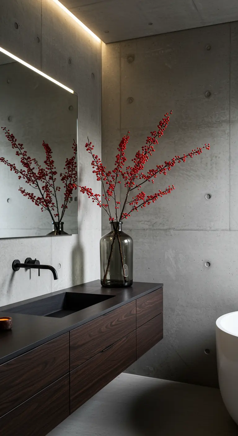 Baño de hormigón con un lavabo oscuro y un jarrón con ramas de bayas rojas.