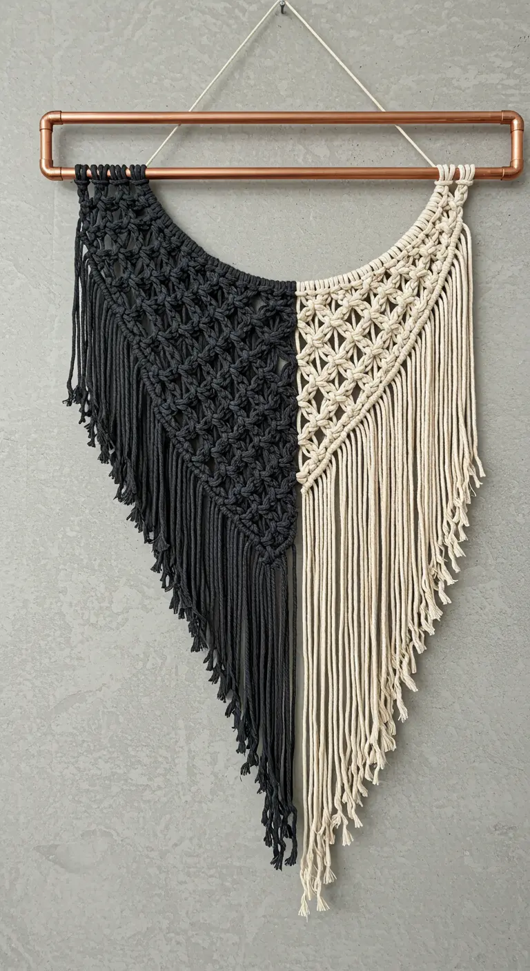 Tapiz de macramé en forma de V, mitad negro y mitad blanco, colgado de una barra de cobre.