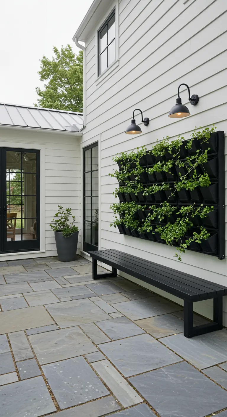 Fachada de casa blanca estilo farmhouse con una jardinera vertical negra y un banco a juego.