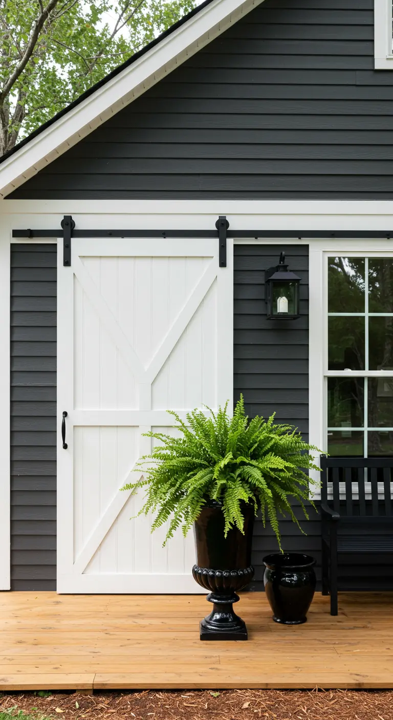 Fachada gris oscura con una puerta de granero blanca y un gran helecho en una maceta negra.
