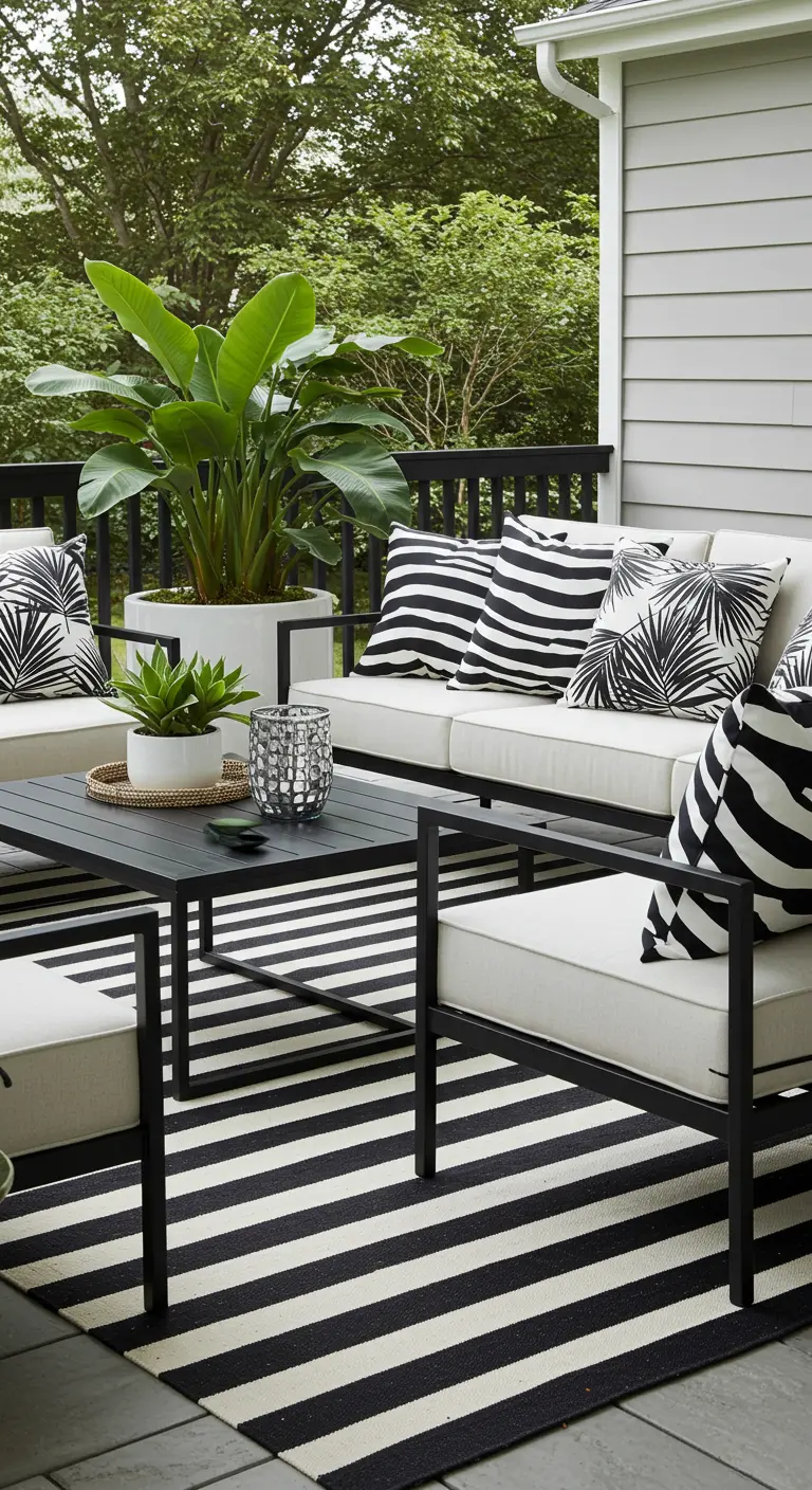 Patio moderno con muebles negros, cojines de rayas y hojas en blanco y negro.