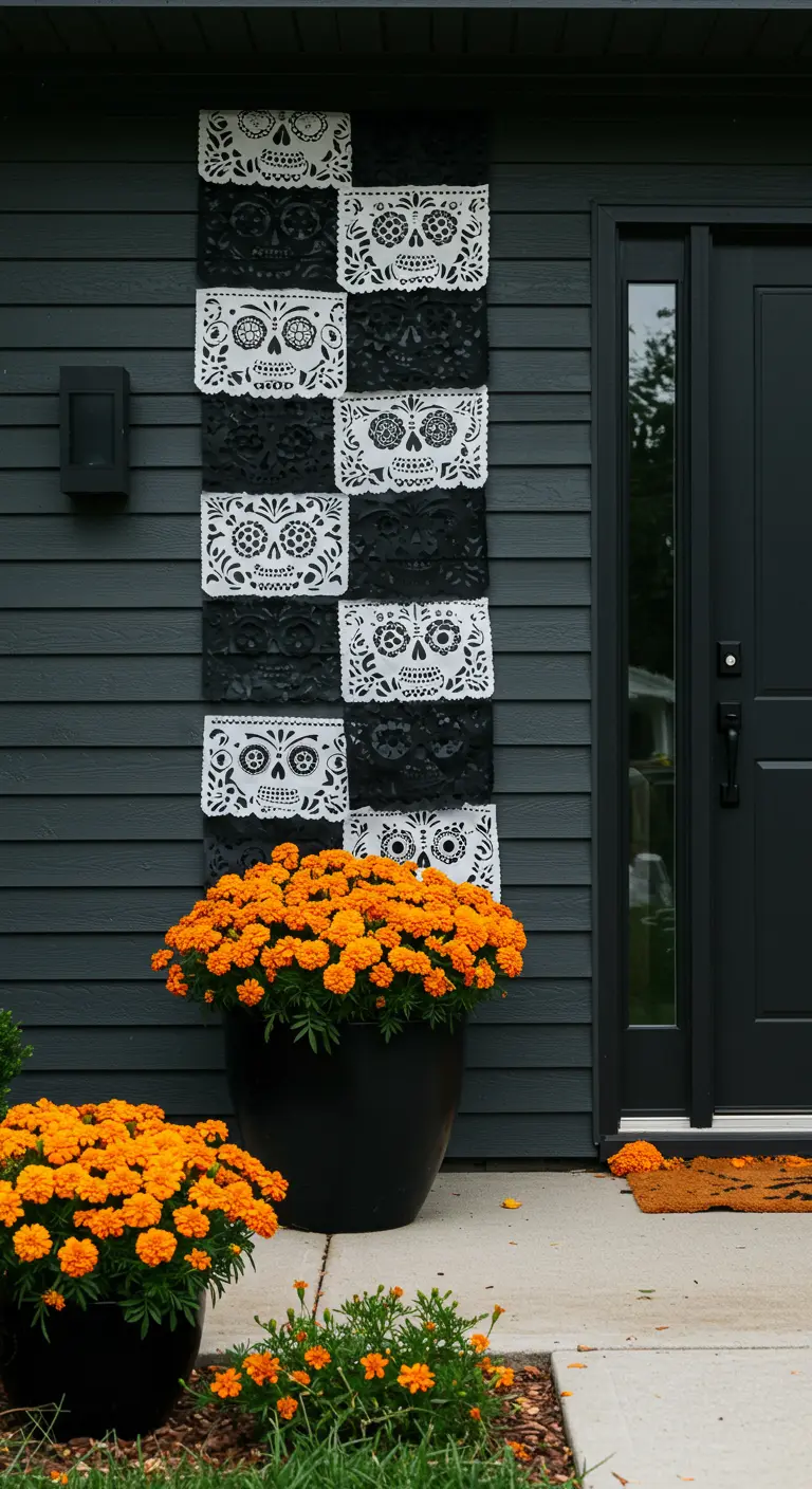 Fachada oscura con papel picado en blanco y negro colgado verticalmente junto a la puerta.