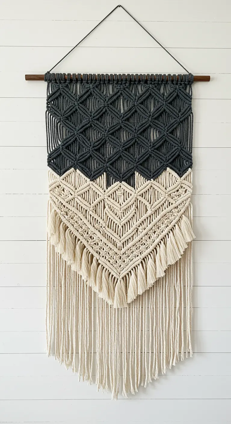 Tapiz de macramé de dos colores, carbón en la parte superior y crudo en la inferior, con flecos.