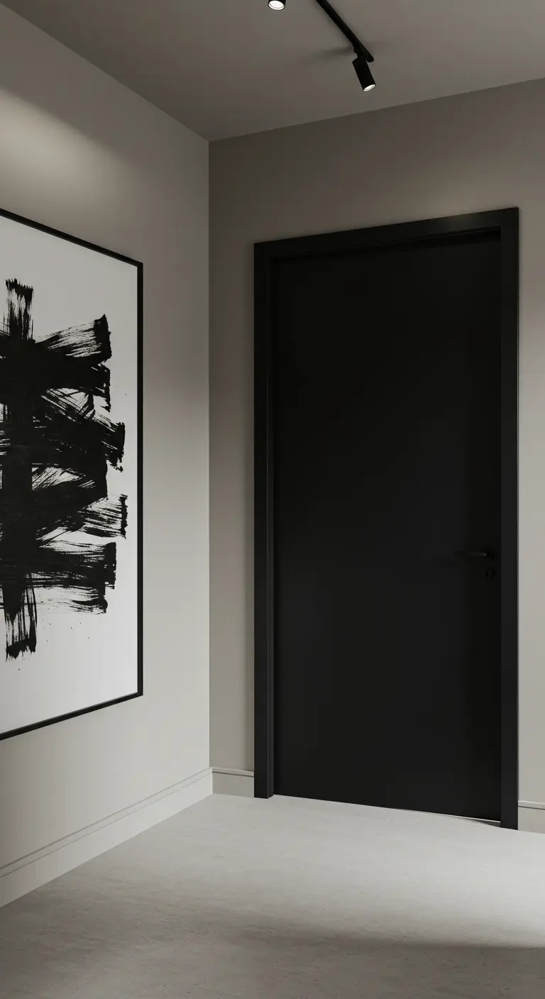Pasillo con paredes beige, puerta y marco negros y un cuadro abstracto en blanco y negro.