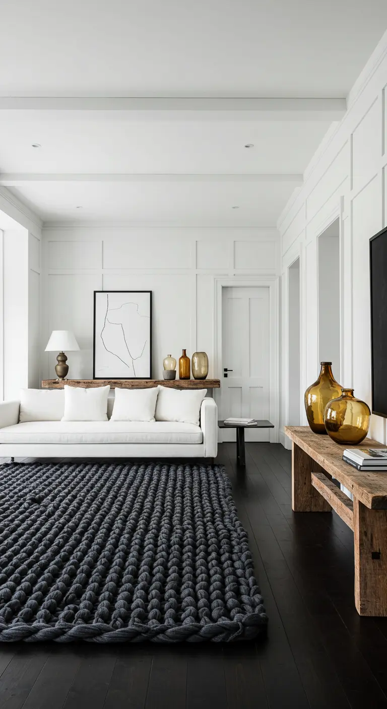 Sala de estar en blanco y negro con suelo oscuro, sofá blanco y muebles de madera rústica.
