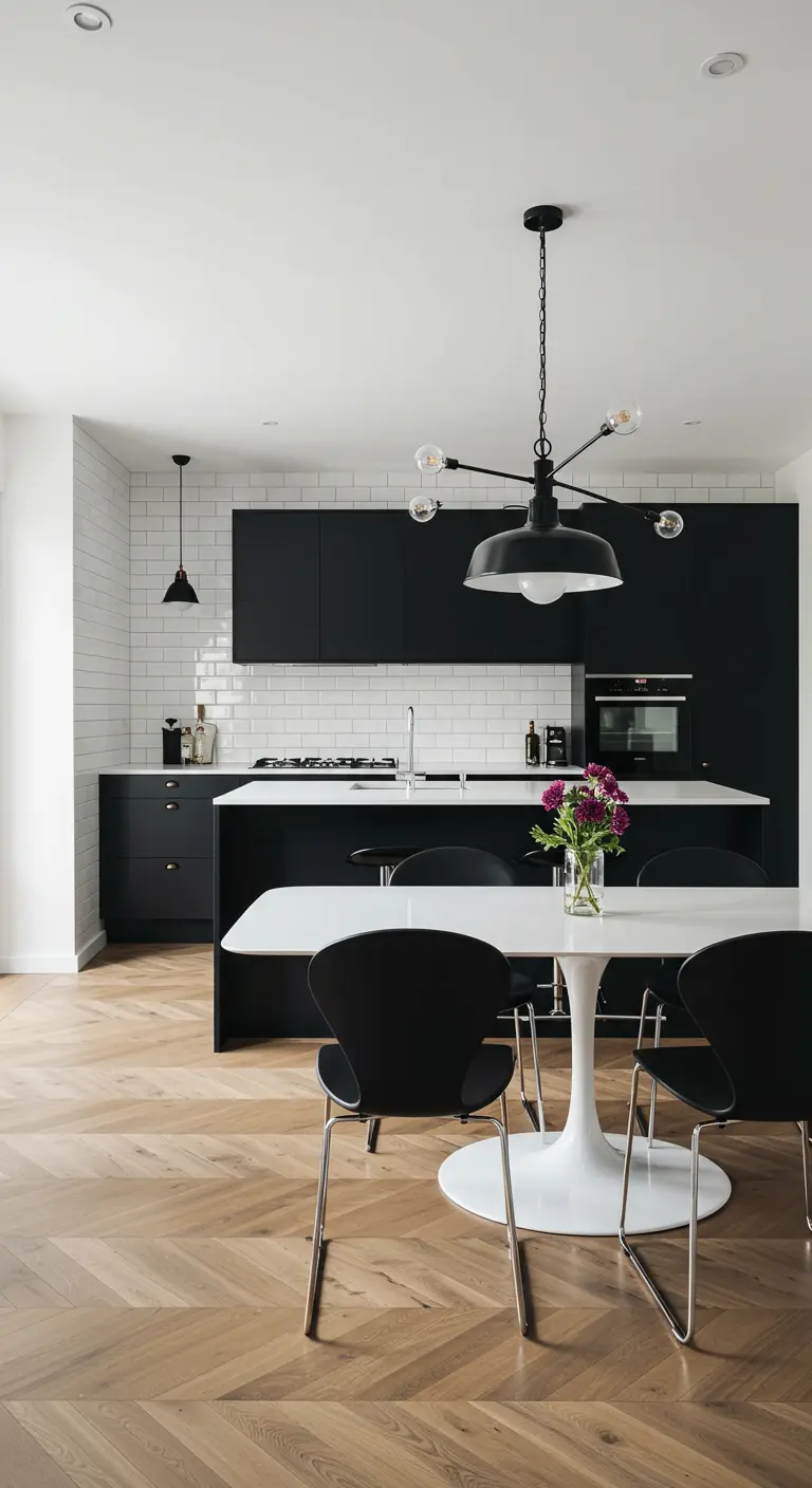 Cocina en blanco y negro con gabinetes oscuros y un comedor con una lámpara moderna.