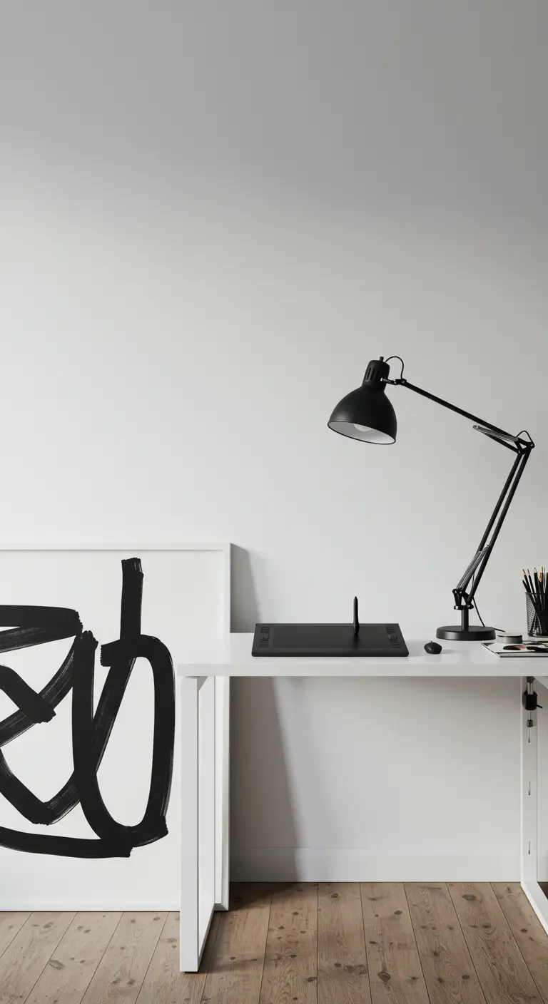 Escritorio blanco minimalista con una lámpara de arquitecto negra y una gran obra de arte abstracto.