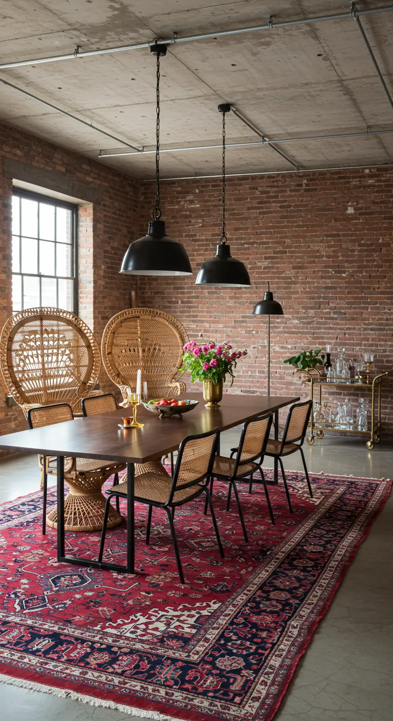 Comedor de estilo industrial con pared de ladrillo, sillas pavo real de ratán y lámparas negras