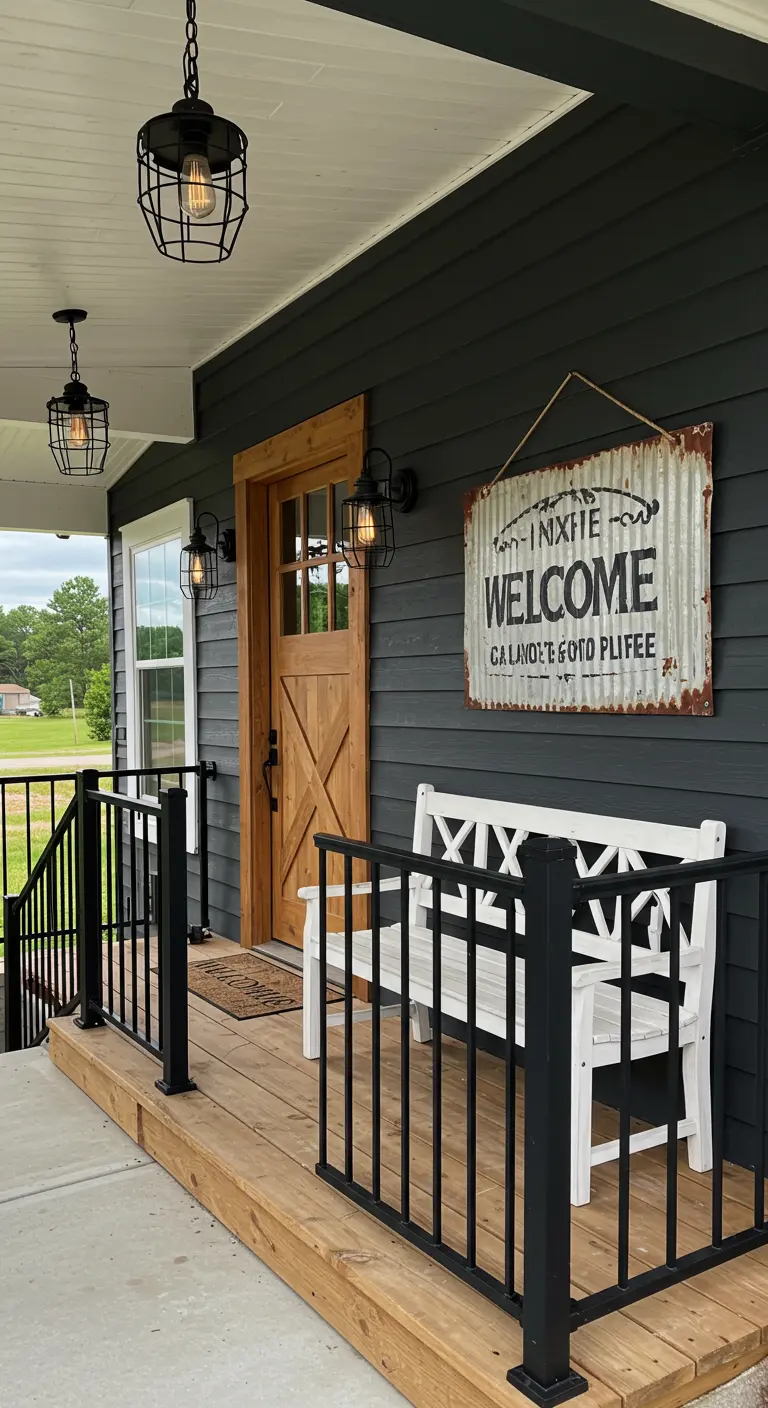 Porche con revestimiento oscuro, puerta de madera, banco blanco y un letrero de metal corrugado.