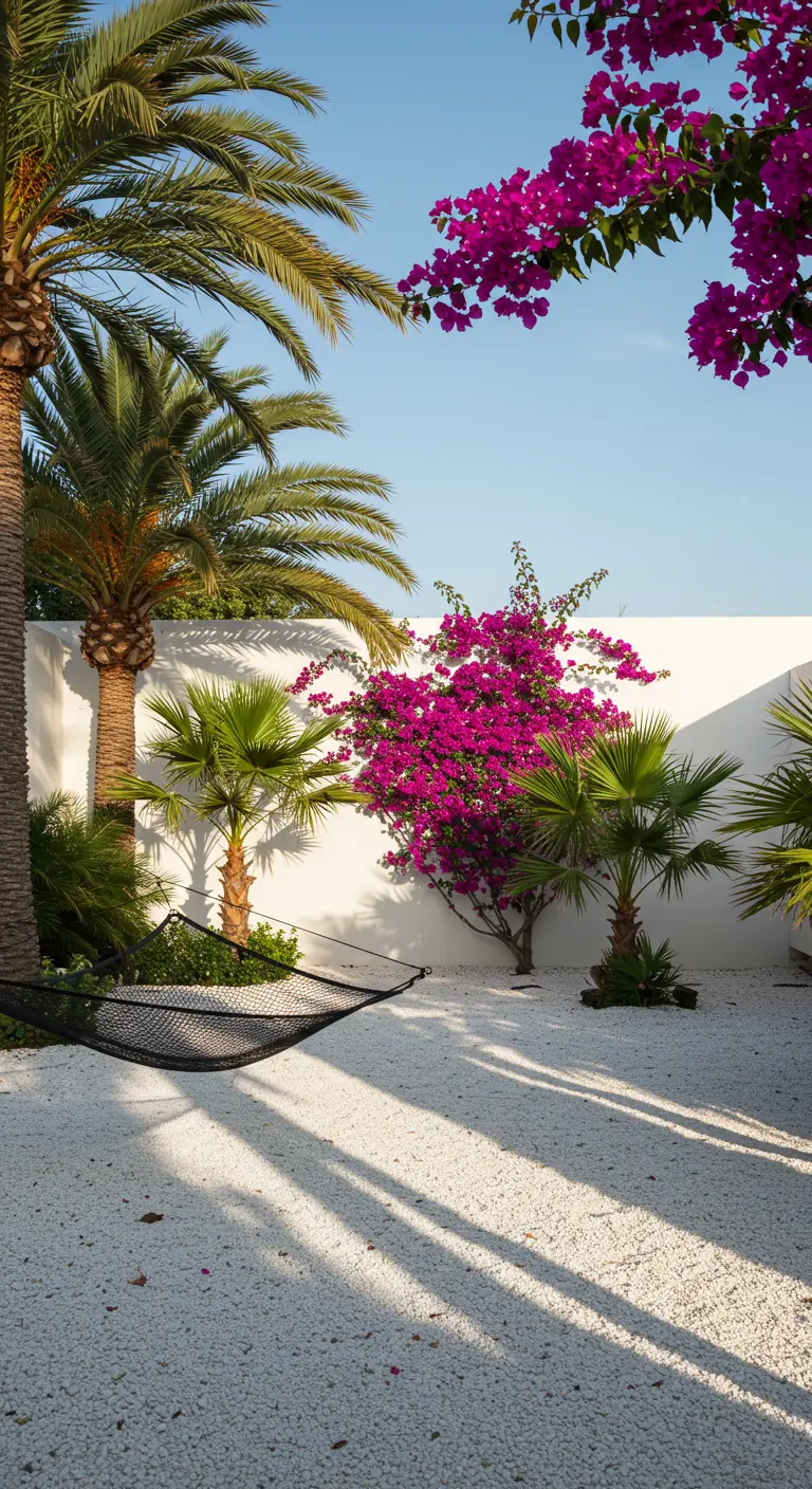 Patio con suelo de grava blanca, una hamaca de red negra y una buganvilla fucsia.