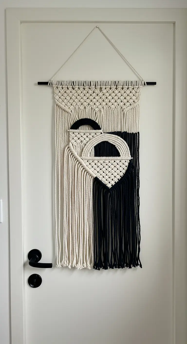 Moderno tapiz de macramé en blanco y negro con formas geométricas, colgado en una puerta blanca.