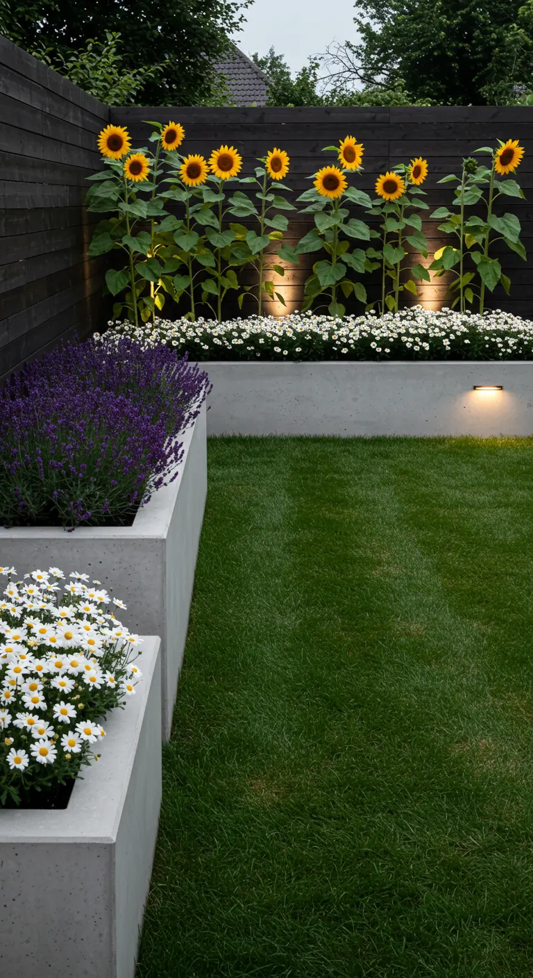 Jardín moderno con jardineras de hormigón, valla oscura y girasoles iluminados desde abajo.