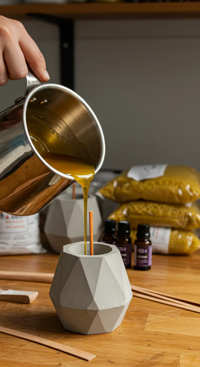 Vertiendo cera de abeja derretida en un recipiente geométrico de cemento gris con una mecha de madera.