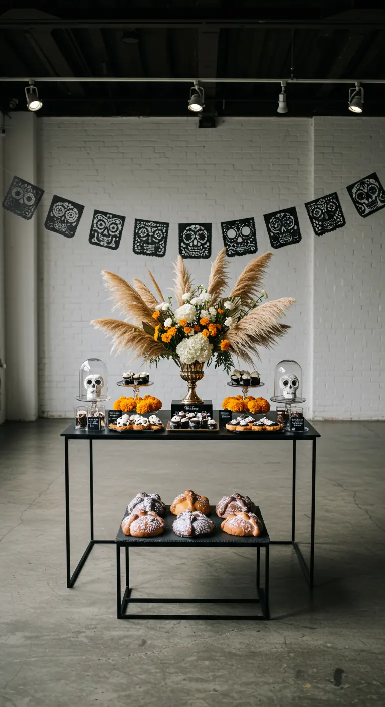 Mesa de dulces minimalista con pan de muerto, pampa y papel picado negro.