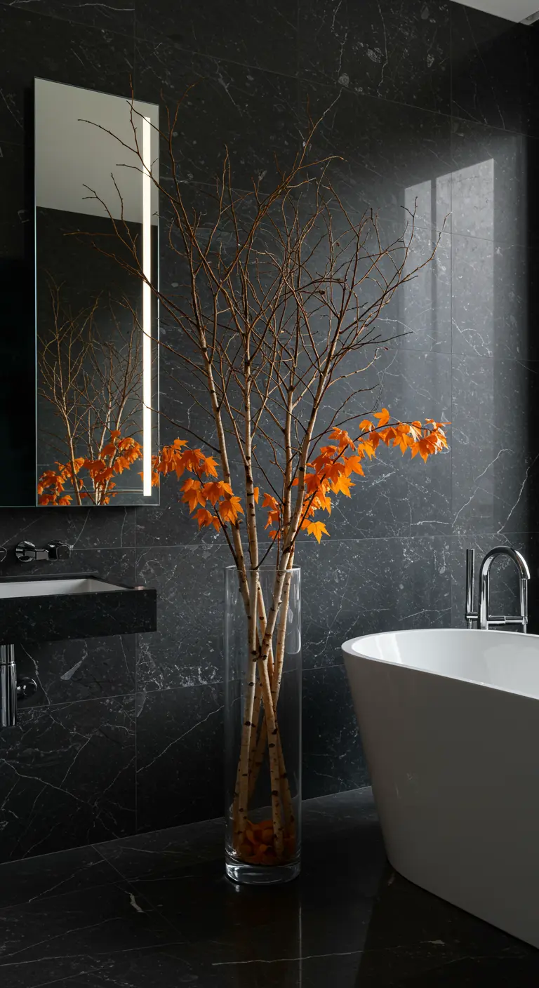 Baño de mármol negro con un jarrón de cristal alto con ramas de abedul y hojas naranjas.