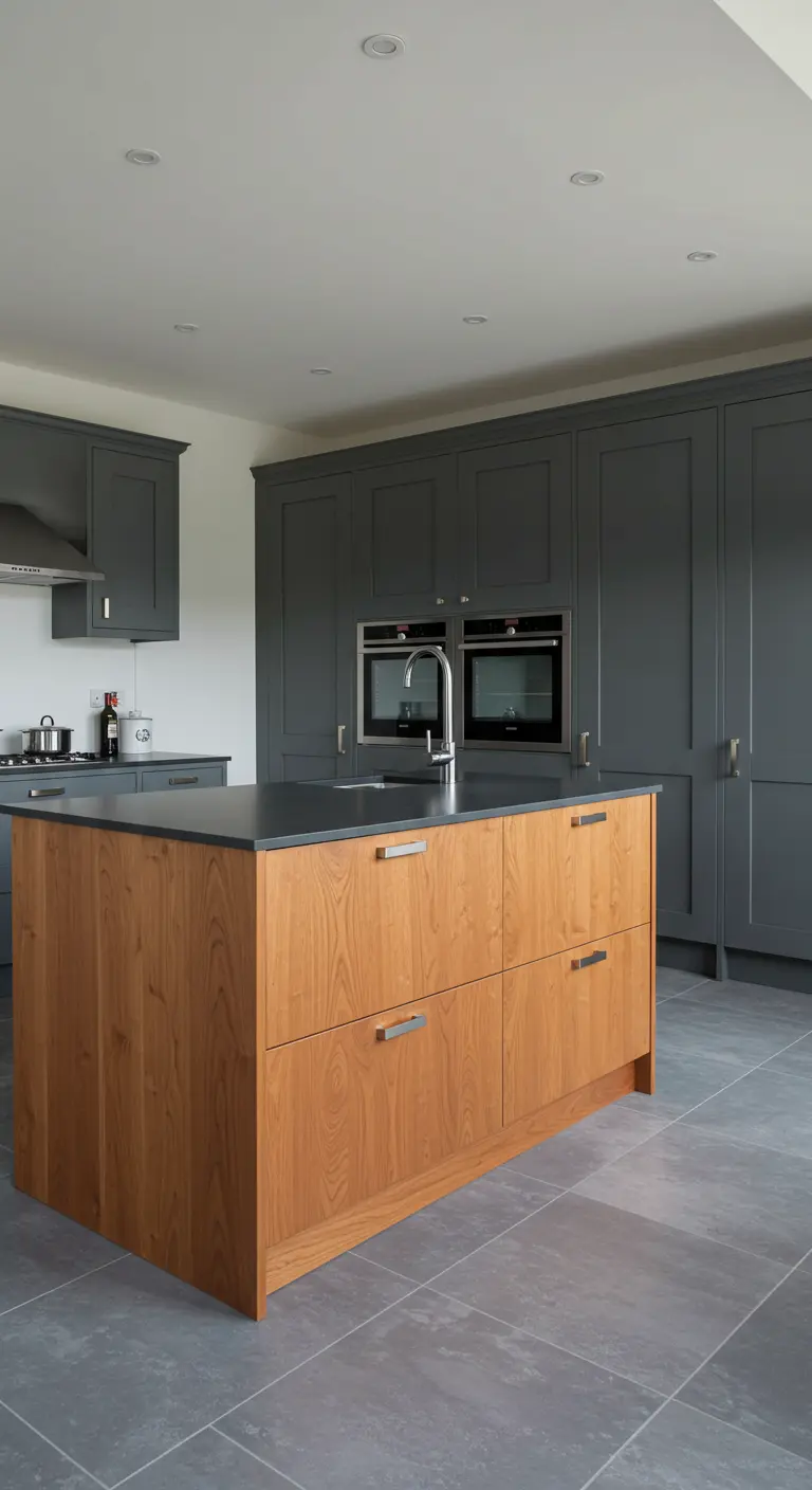 Cocina con armarios altos en gris carbón y una isla central de madera de cerezo.