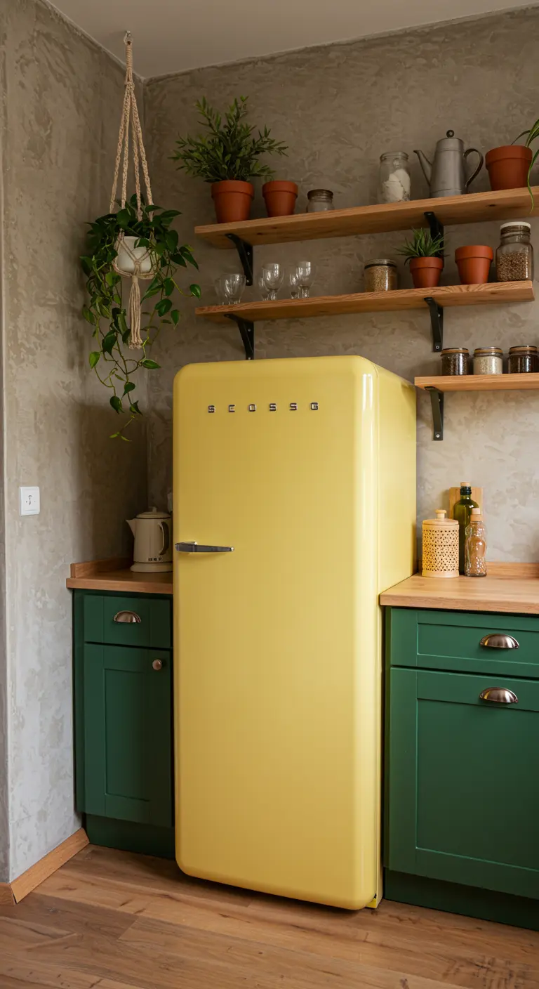 Cocina urbana con paredes de cemento, frigorífico amarillo y armarios verde oscuro.