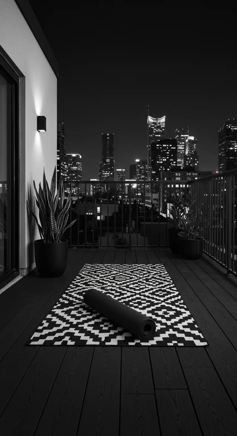 Balcón moderno en blanco y negro con alfombra geométrica y vistas a la ciudad de noche.