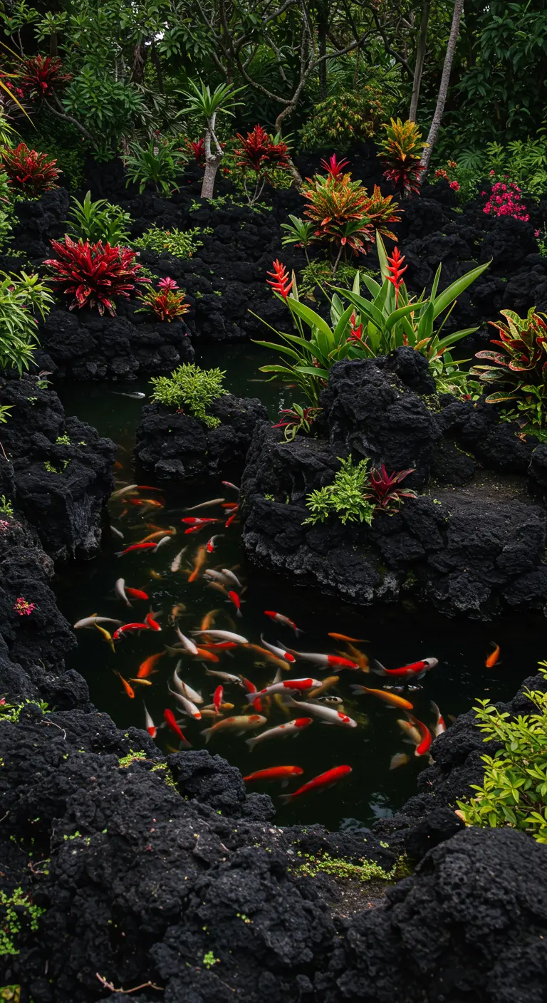 Estanque de peces koi rodeado de rocas de lava negra y plantas tropicales rojas.