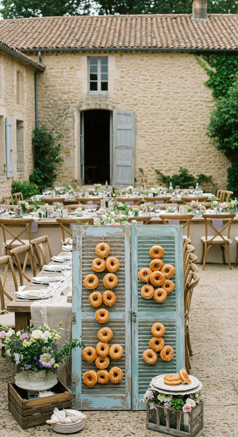Contraventanas de madera azul desgastada utilizadas para colgar y exhibir donuts en un patio de piedra.