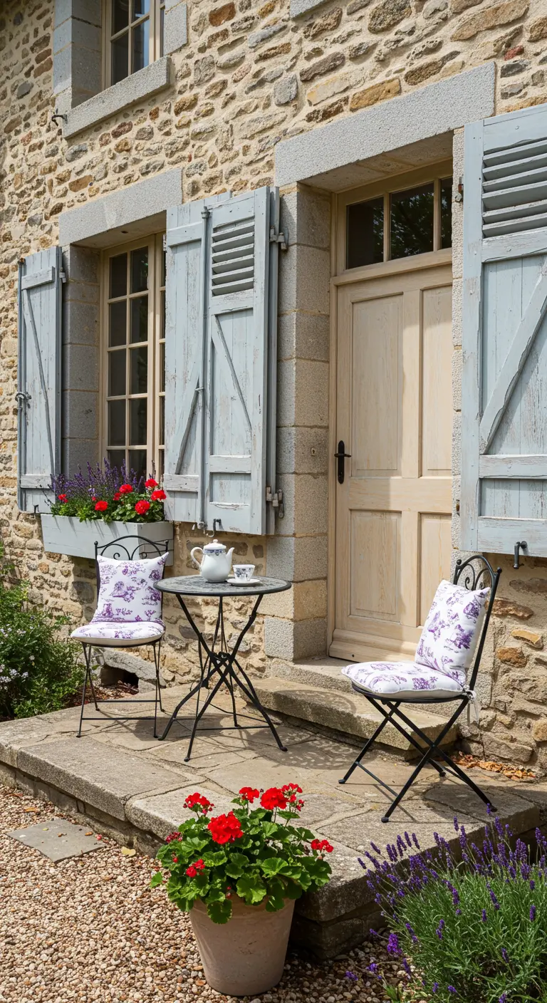 Casa de piedra con contraventanas de madera pintadas en un tono lavanda agrisado.