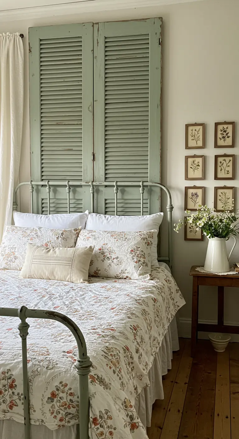 Un par de contraventanas de madera antiguas pintadas de verde salvia usadas como cabecero para una cama de metal