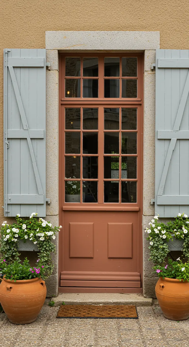 Puerta de color terracota con contraventanas grises y jardineras llenas de flores blancas